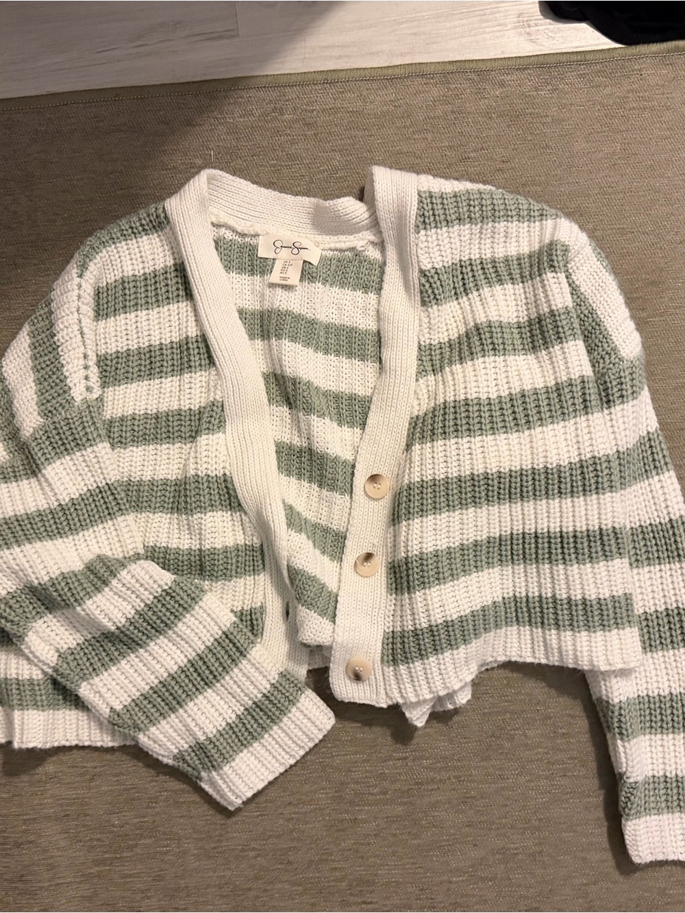 Jessica Simpson Striped Cropped Cardigan - White & Sage